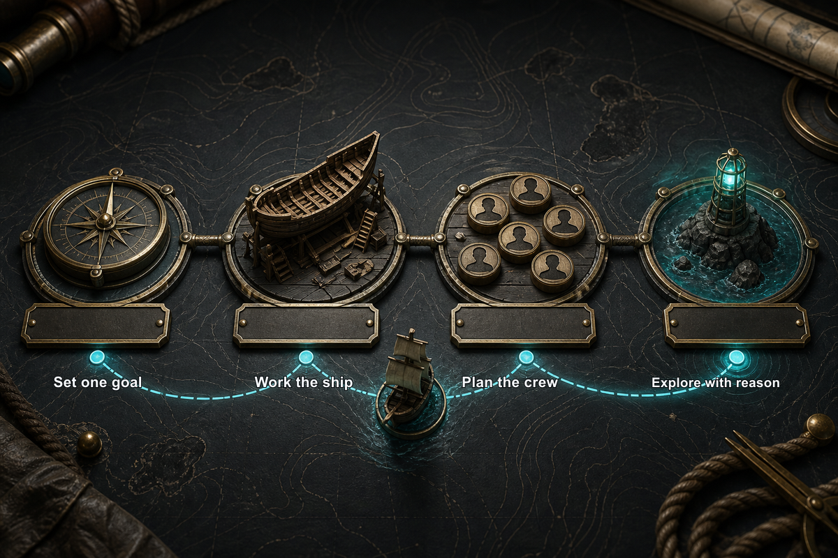 Sea of Conquest beginner guide for a focused first session infographic visual