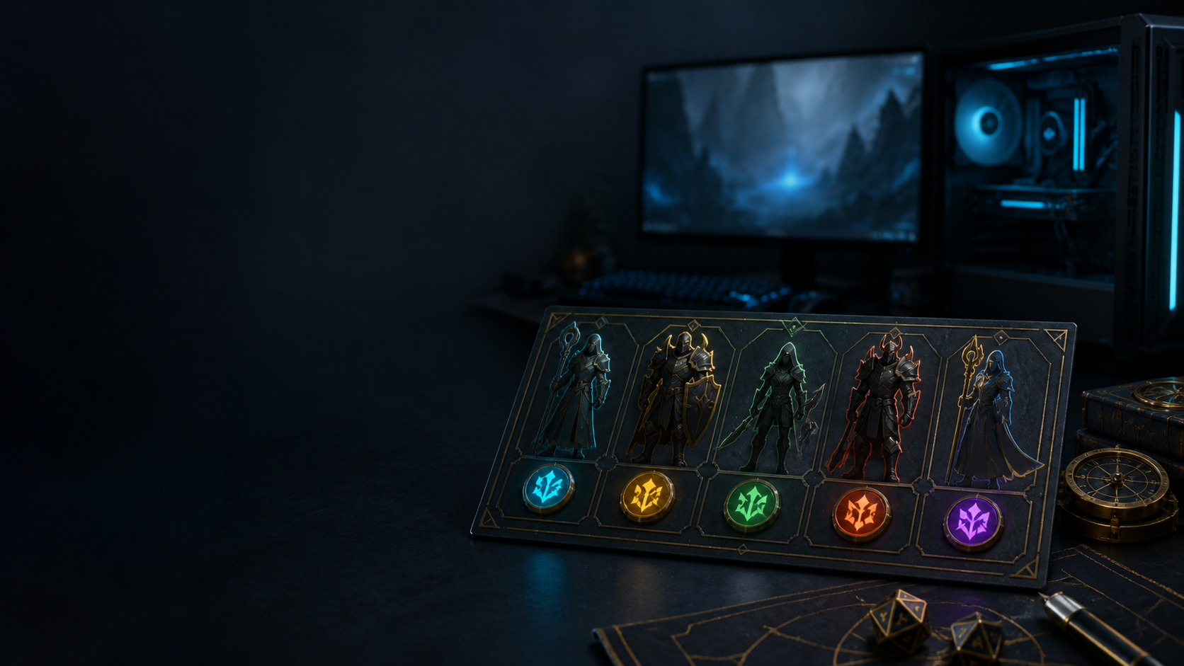 Original editorial illustration for RAID: Shadow Legends starter champions guide for a focused roster