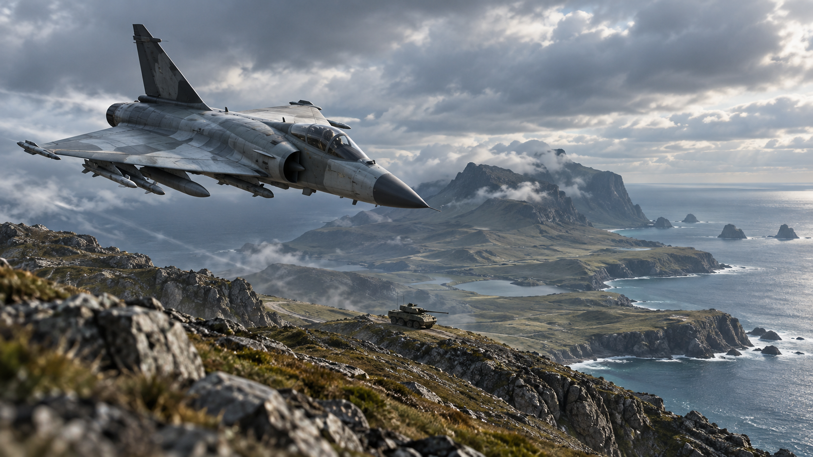 RigCircuit editorial artwork of a fighter aircraft above a coastal battlefield