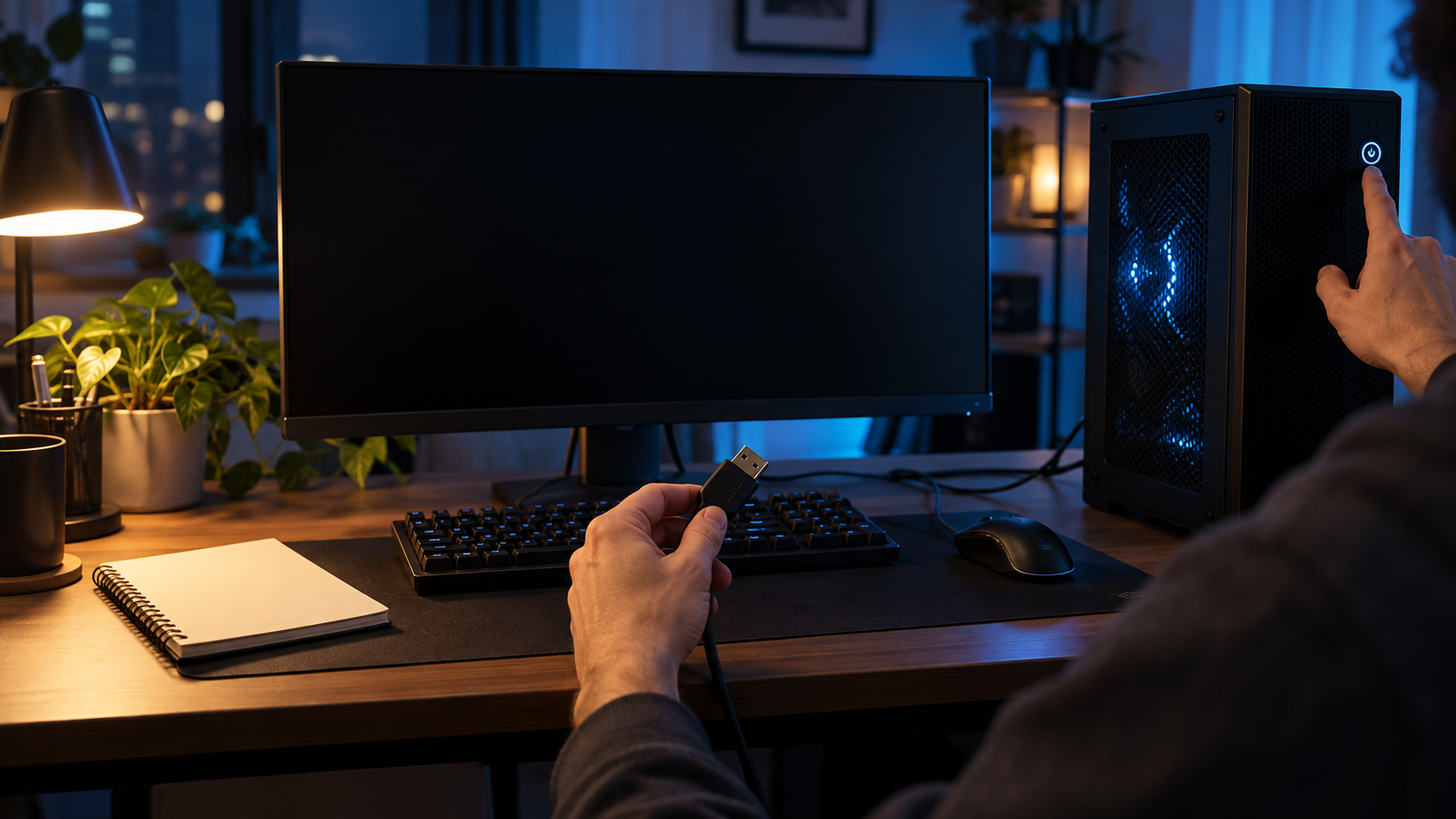 A hand reaches for the power button on a desktop tower beside a dark monitor.