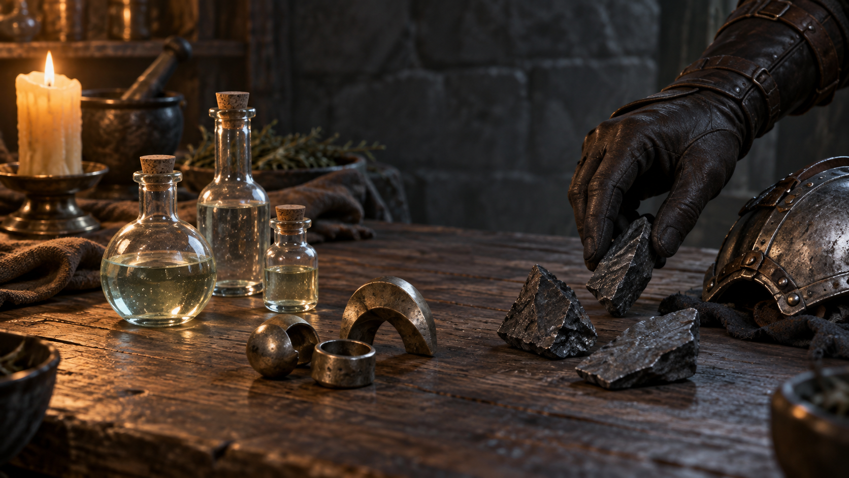 Plain vials and abstract armor relics are arranged on a fantasy workshop bench for comparison