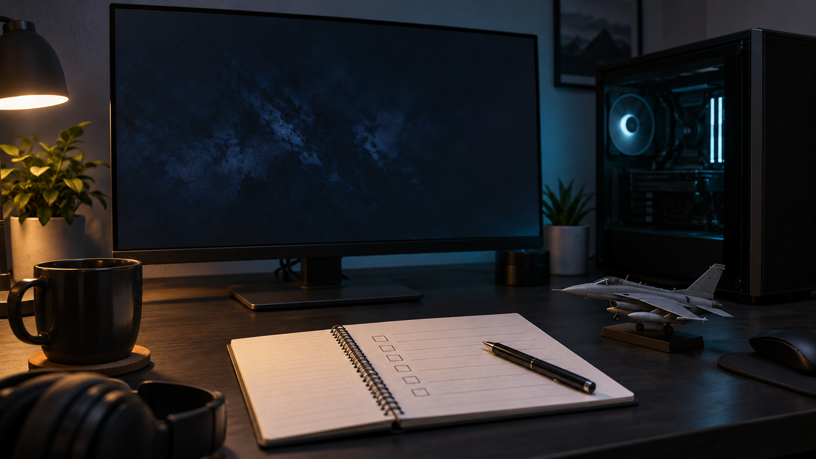 A dark monitor and desktop tower beside abstract diagnostic records after a crash.