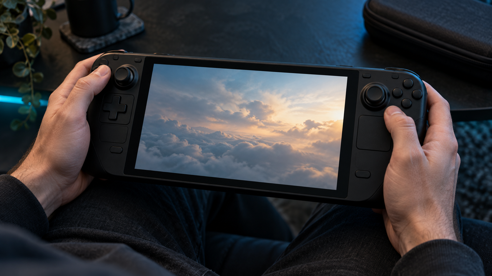 Hands hold a generic portable PC console showing an abstract sky and cloud scene