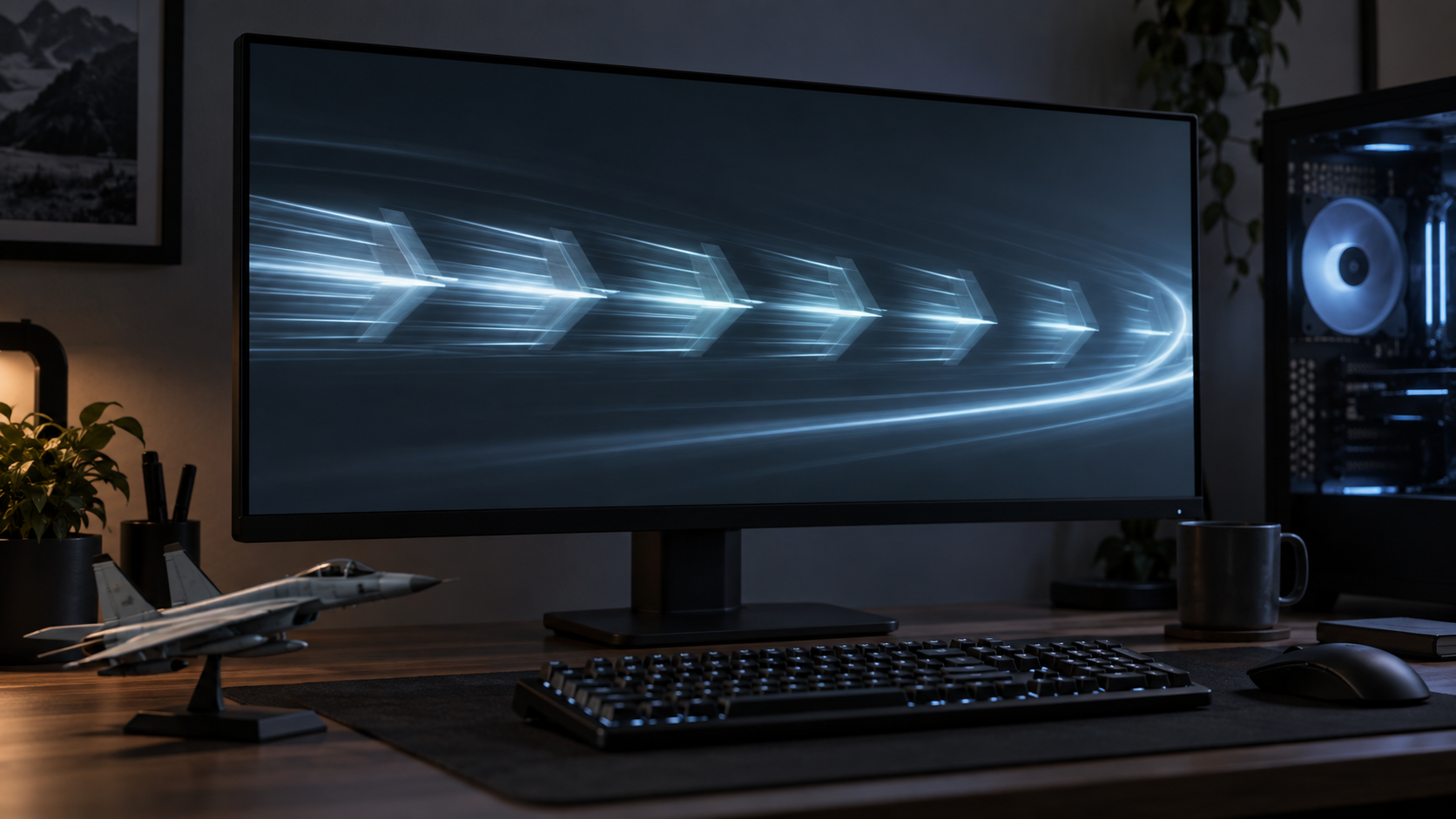 A desktop PC with interrupted cyan light trails representing brief stutters.