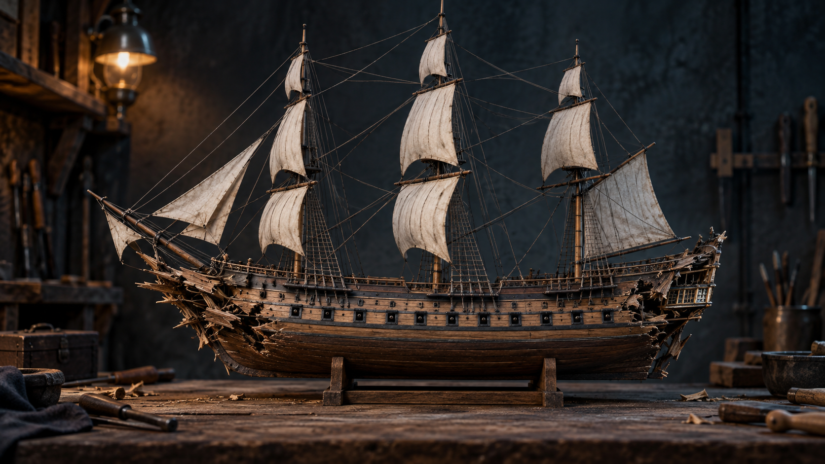 A wooden scale model of an age-of-sail warship shows splintered damage at bow and stern