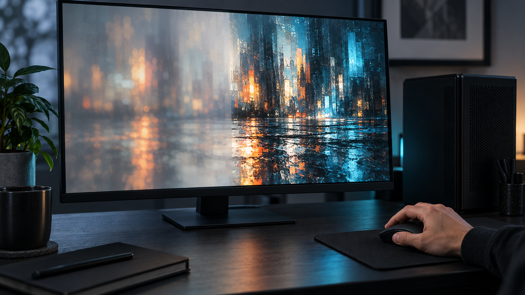 A hand considers a single control beside a desktop PC for a measured settings change.