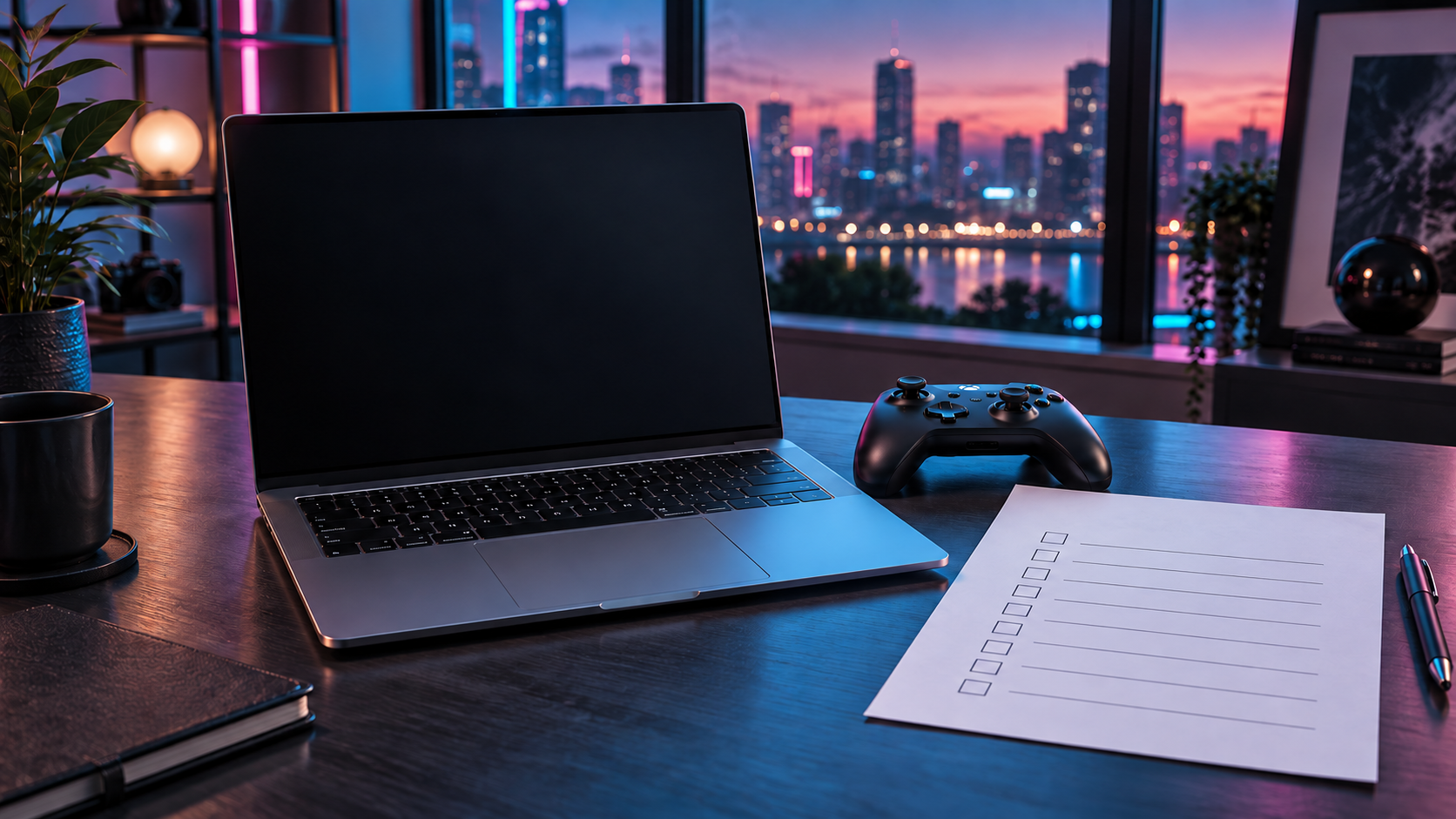 An unbranded aluminum laptop with a blank screen sits beside a game controller and a blank checklist.