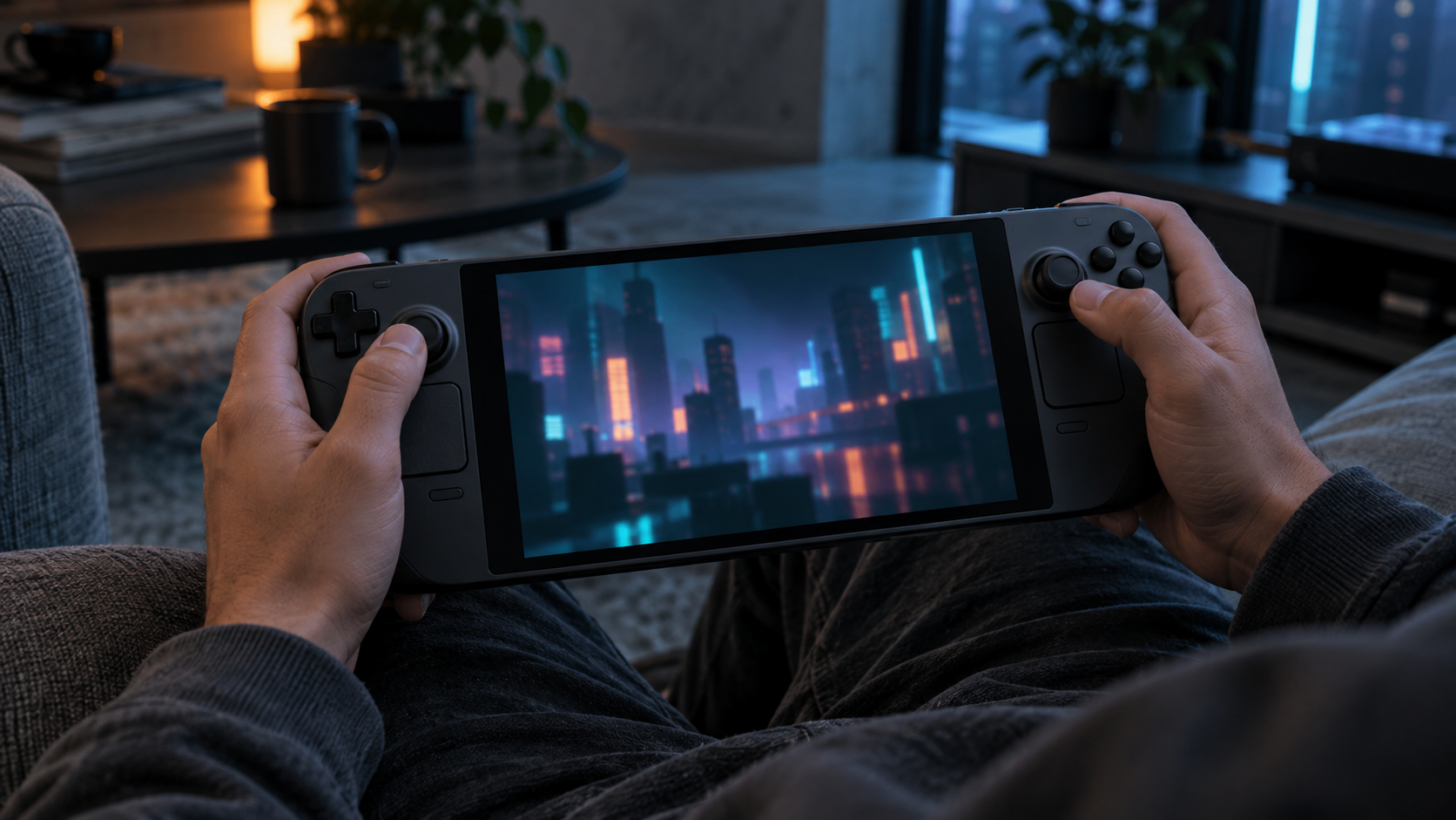 Hands hold a generic portable PC console with an abstract night city scene on screen