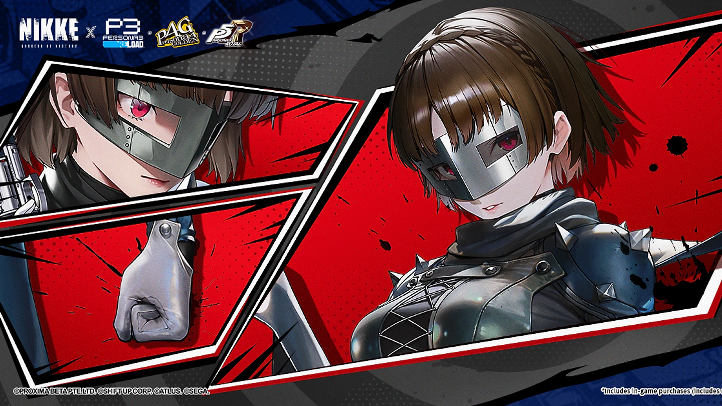 NIKKE crossover character Makoto in a red and black battle composition
