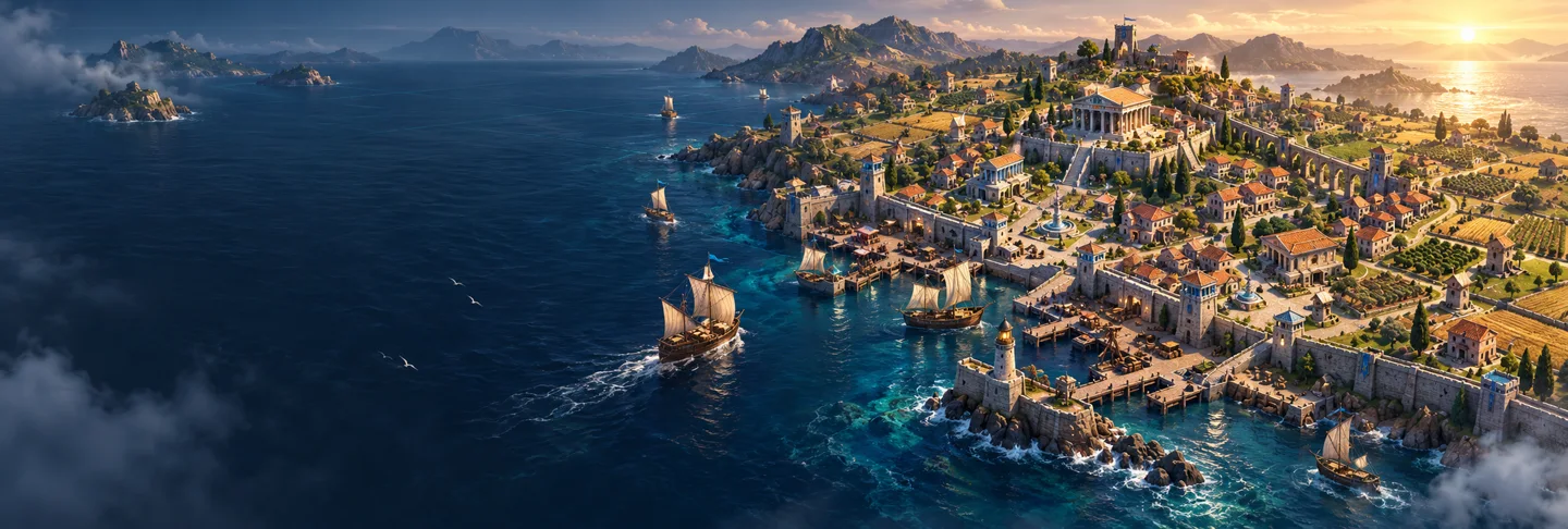 Ancient coastal city and harbor viewed as a PC strategy route
